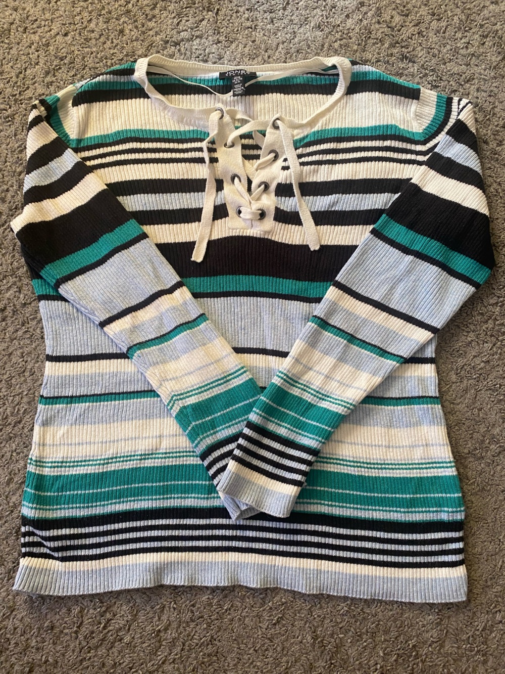 Jones New York Striped Lace-Up Sweater - Teal, Black & White-XL